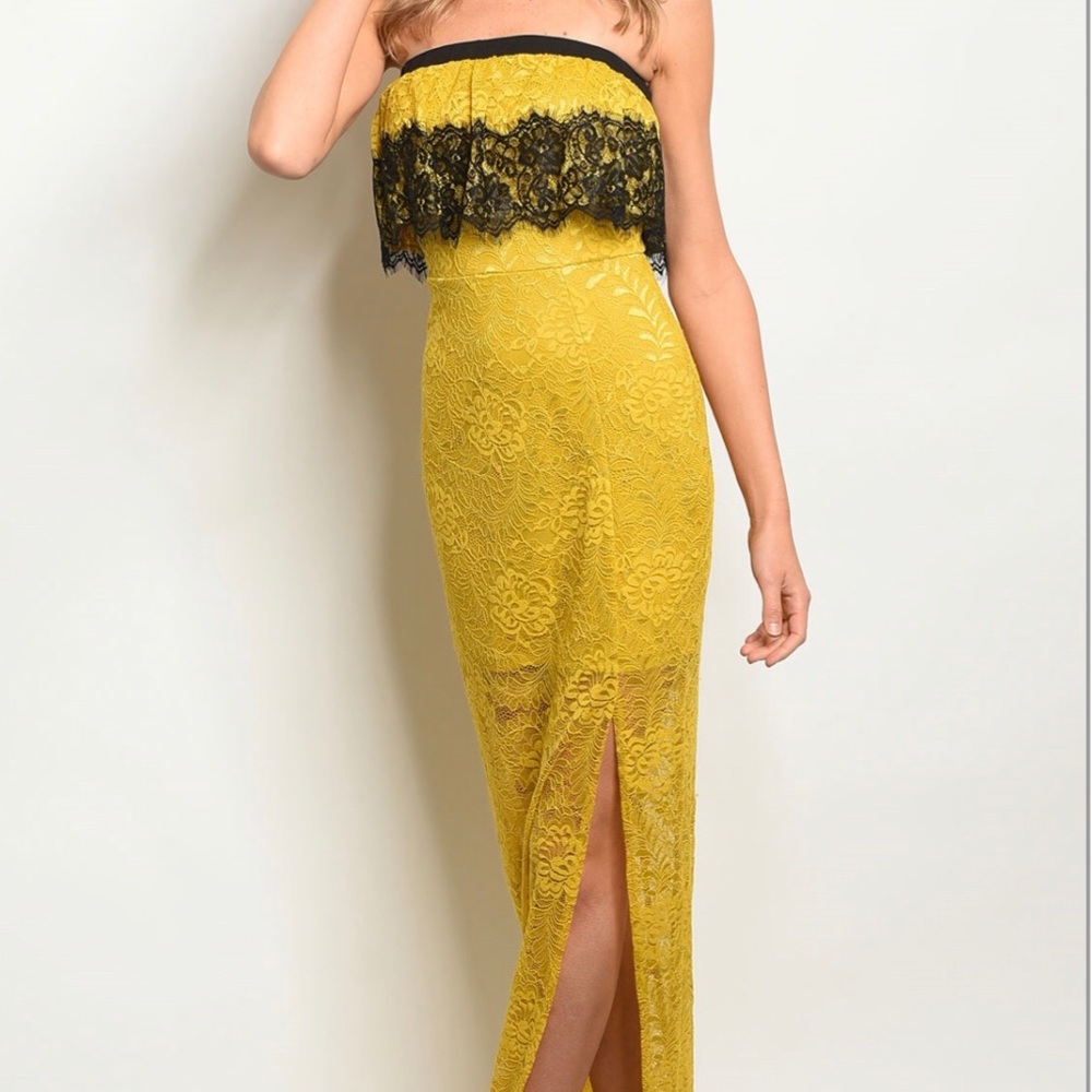 Brand New Strapless Yellow & Black Lace Maxi Dress - Picture 1 of 6